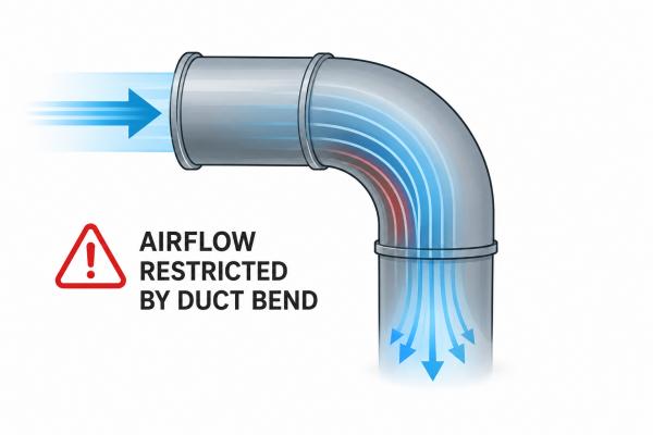 An icon showing airflow being restricted by a duct bend